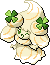 Normal sprite for Alcremie's Caramel Swirl form with a Clover sweet.