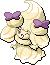 Normal sprite for Alcremie's Caramel Swirl form with a Ribbon sweet.