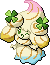 Normal sprite for Alcremie's Rainbow Swirl form with a Clover sweet.