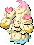 Normal sprite for Alcremie's Rainbow Swirl form with a Love sweet.