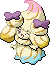 Normal sprite for Alcremie's Rainbow Swirl form with a Ribbon sweet.