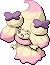 Normal sprite for Alcremie's Ruby Swirl form with a Ribbon sweet.