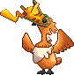 Shiny sprite for Cramorant in its gorging form; it has a Pikachu partially swallowed in its mouth.