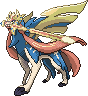 Normal sprite for Zacian's Crowned Sword form. It now has metal wings and is holding a large sword in its mouth.