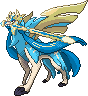 Shiny sprite for Zacian's Crowned Sword form. It now has metal wings and is holding a large sword in its mouth.