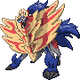 Normal sprite for Zamazenta's Crowned Shield form. It now has a crown and a massive shield covering its front half like a mane.