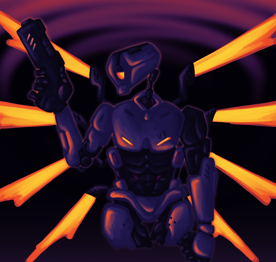 Painted art of V1 on a dark purple background with its head tilted to the side but facing the camera. It is holding a gun aloft and its eye is half-lidded. Its wings are held up around it, illuminating its metal.