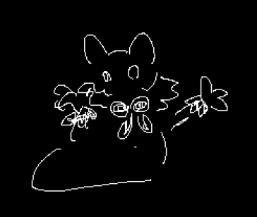 White lineart doodle of The Winged on a black background. The Winged is wearing a ribbon around their neck & has frilly cuffs around the wrists.