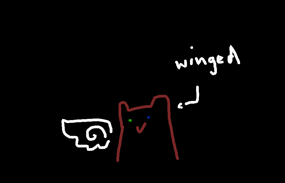 Halfbody doodle of The Winged with red coloured lines & green + blue dots for eyes. There is a white wing hovering beside them and an arrow pointing at them stating 'winged'.