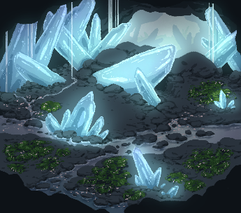 Pixel art showing a cave with glowing blue crystals in it. There are streams running through the cave and dripping down the ceiling.